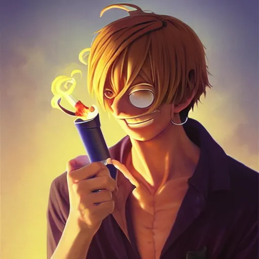 Image similar to highly detailed vfx portrait of sanji smoking a cigarette by eiichiro oda!, greg rutkowski, loish, rhads, beeple, makoto shinkai, tom bagshaw, alphonse mucha, sharp focus, art by artgerm and greg rutkowski, stanley kubrick, backlit, harsh overhead sunlight,