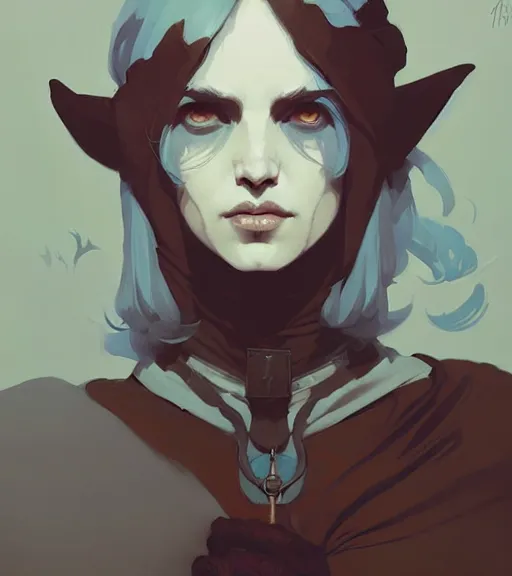 Image similar to portrait of a witch ( dragon age ) by atey ghailan, by greg rutkowski, by greg tocchini, by james gilleard, by joe fenton, by kaethe butcher, dynamic lighting, gradient light blue, brown, blonde cream and white color scheme, grunge aesthetic