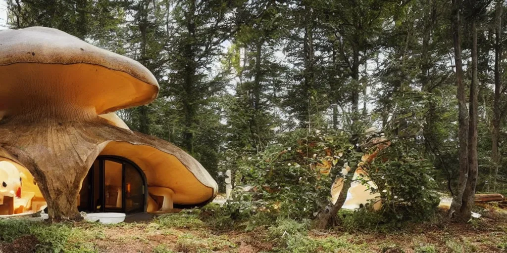 Image similar to cozy residence made from an enormous amantia mushroom