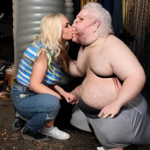 Image similar to obese ava max with dirty clothes kissing a racoon