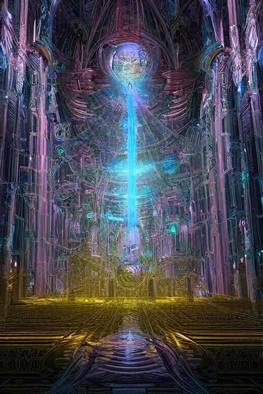 Image similar to a centered photo real render of a post apocalyptic cathedral surrounded by glowing fractals and ornate flowing light streams sacred geometry, by beeple, by donato giancola, unreal engine