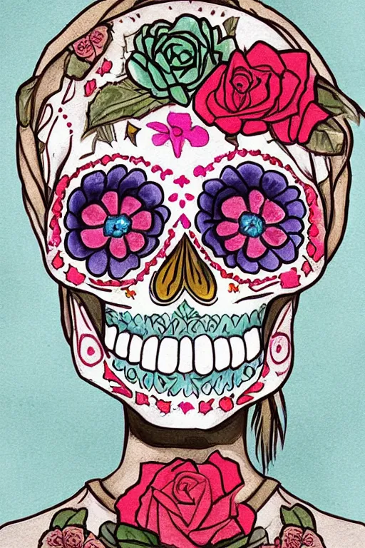 Image similar to illustration of a sugar skull day of the dead girl, art by tom richmond