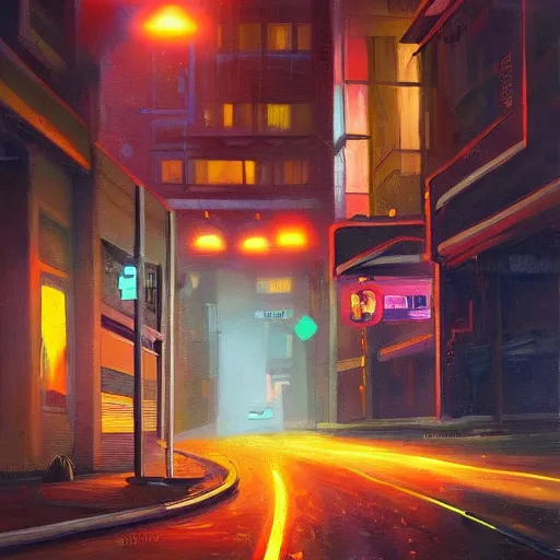 Image similar to car light far away on the cyberpunk street, future, old oil painting