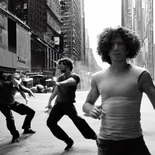 Prompt: zack de la rocha dancing in new york film still from fight club