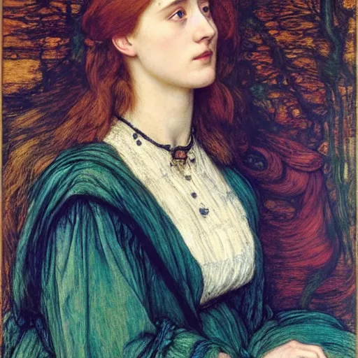 Prompt: Pre-Raphaelite Saoirse Ronan by Dante Gabriel Rossetti, by William Holman Hunt, by John Everett Millais, James Collinson, by Frederic George Stephens, willowy, elegant, bold colors