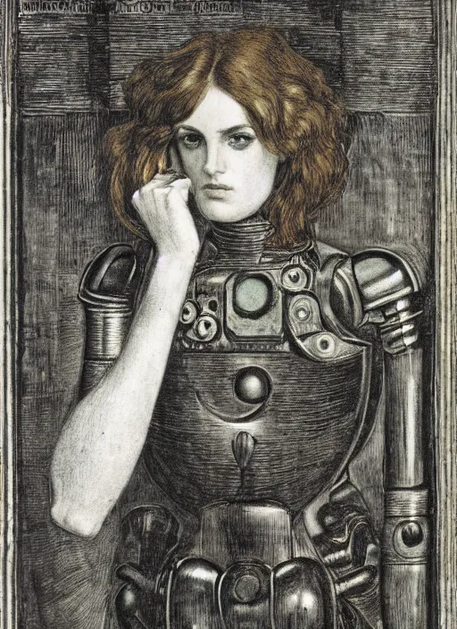 Image similar to a portrait of a robot cyborg by Dante Gabriel Rossetti, pre-raphaelite style