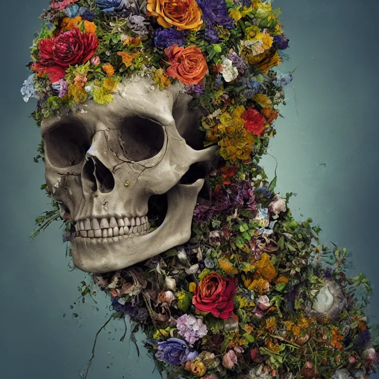 Image similar to A beautiful oil painting hyperrealism of a decayed head, rotting clay skin, skull bones, flowers, floral headdress, 8k resolution, octane render, Trending on artstation, by Gediminas Pranckevicius, volumetric light 2blue fractal Thunder glow by dan mumford, anaglyph effect, Laurie Lipton