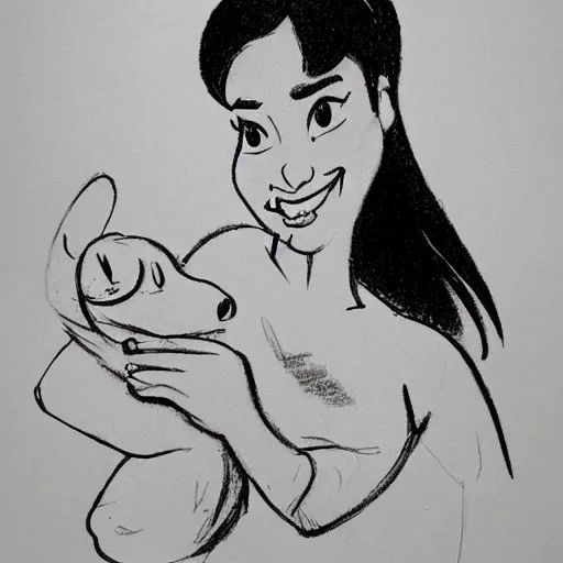 Image similar to milt kahl sketch of black hair cuban girl with dog nose