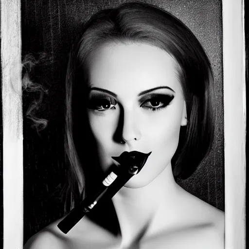 Image similar to beautiful portrait of a sultry female robot smoking a cigarette, film noir