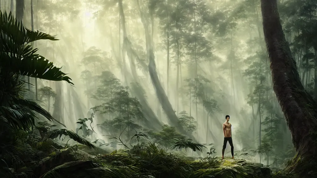 Prompt: by sung choi by john kirby artgerm and greg rutkowski by ivan shishkin, octane render, unreal engine, watercolor, telephoto, 8 k, natural lighting, in a symbolic and meaningful style, fit toned asian male draped in clear iridescent cloth, face show no emotion, standing inside a tropical forest