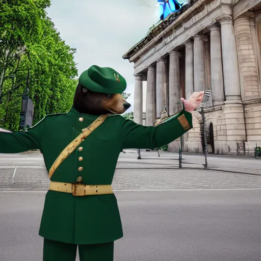 Prompt: a portrait of a socialist bear in a green military uniform with a hat, waving a red flag in Berlin, 4K realistic, hyper detailed, cinematic lighting, wow factor, award winning photo