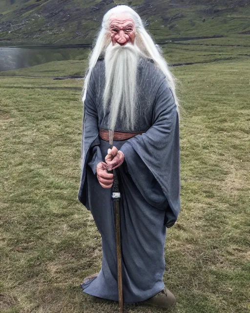 Prompt: Candid photo of Hide the Pain Harold dressed as Gandalf the Grey, with ruined Isengard in the background