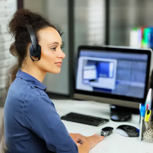 Image similar to woman wearing headset in sit infront computer talking with customers. work from office. photo, digital camera photo.