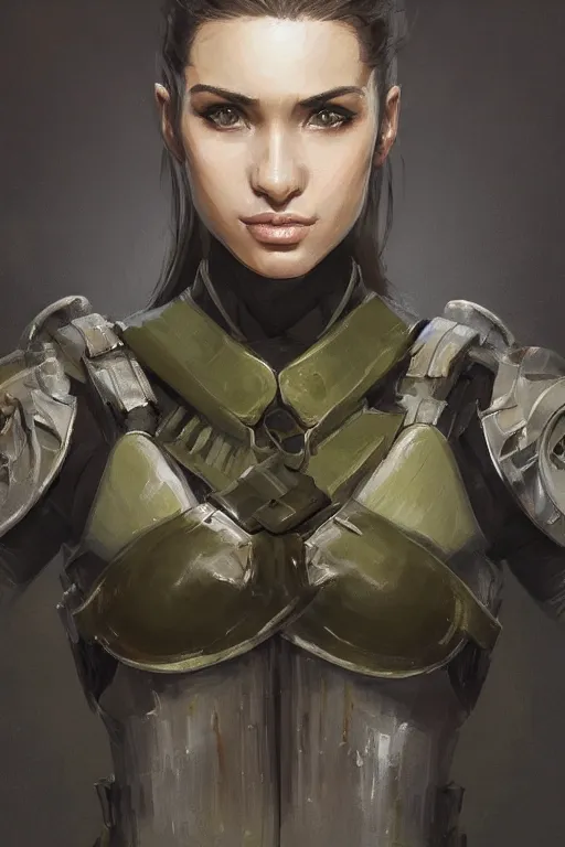 Image similar to a professionally painted portrait of an attractive young woman, clothed in military armor, olive skin, long dark hair, beautiful bone structure, symmetrical facial features, intricate, elegant, digital painting, trending on Artstation, concept art, smooth, sharp focus, illustration, from Metal Gear by Ruan Jia and Mandy Jurgens and Artgerm and William-Adolphe Bouguerea, award winning