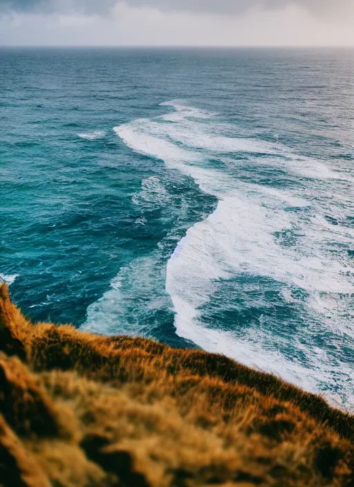 Image similar to a view of the ocean from a cliff, a tilt shift photo by liam wong, unsplash, naturalism, cinematic view, terragen, shot on 7 0 mm