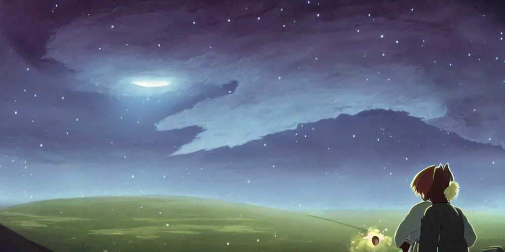 Prompt: a realistic and atmospheric cell - shaded concept art from howl's moving castle ( 2 0 0 4 ) of a multi - colored ufo from close encounters of the third kind ( 1 9 7 7 ). it is a misty starry night. very dull colors, hd, 4 k, hq