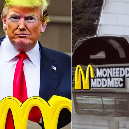 Image similar to donald trump wearing a mcdonalds uniform while working at mcdonalds