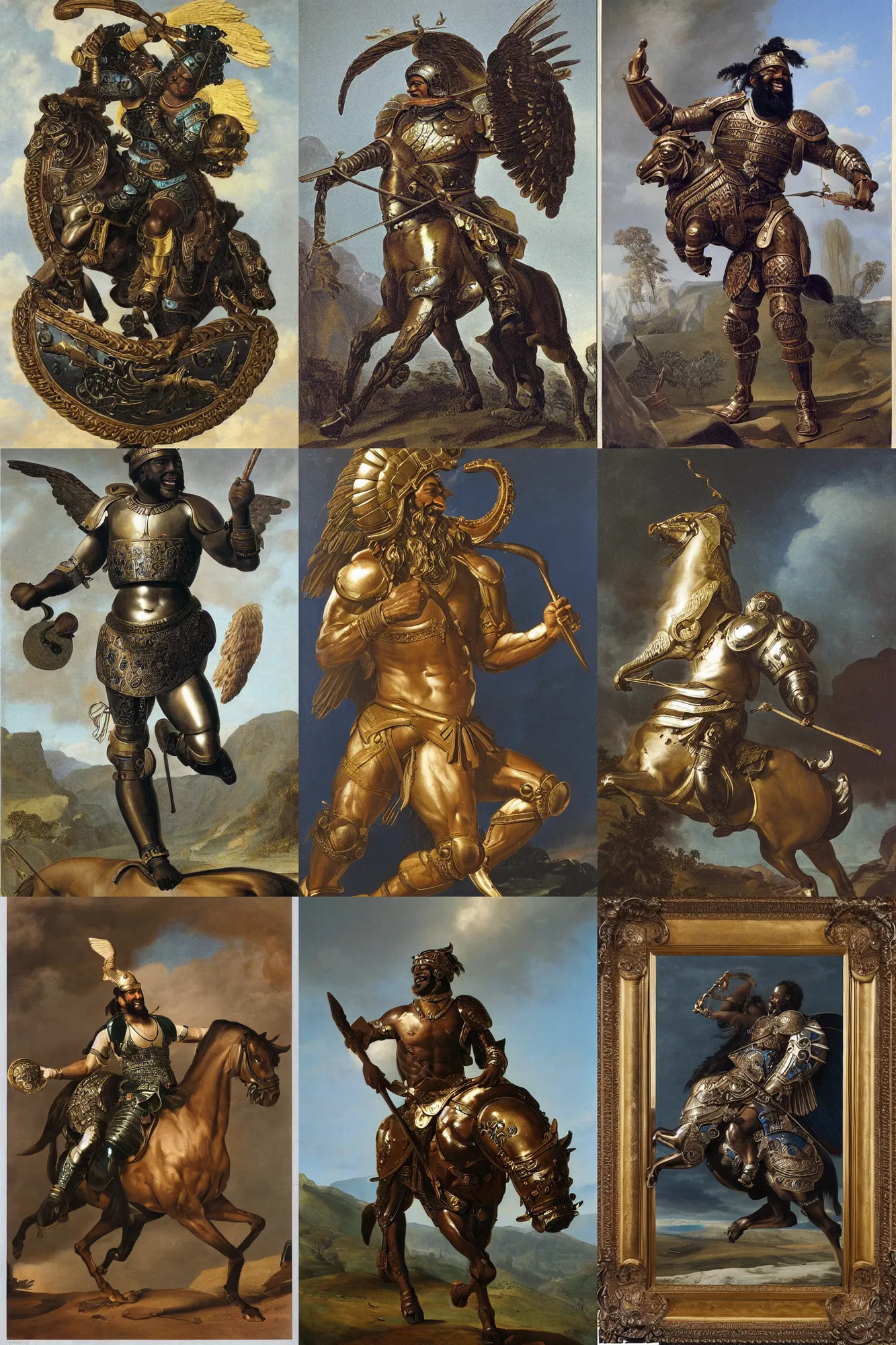 Prompt: friendly, smiling spartan, black skin. Oily muscles. long thick black beard. Big smile. Eagle wings. Intricate Bronze armour, with large blue gems. Swirly Engravings. Masterwork oil painting. By George Stubbs.