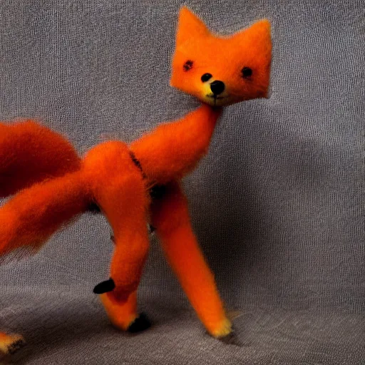 Prompt: a graceful long shot footage of a delicate toy fox wearing a fine cyberpunk dress