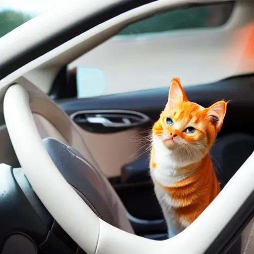 Image similar to an anthropomorphic orange tabby cat driving a car