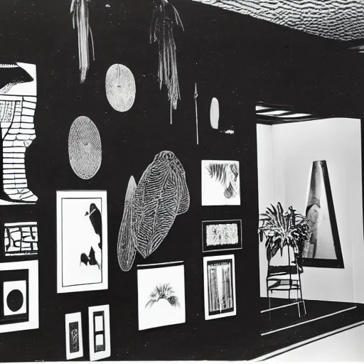 Prompt: A black and white photo in sérigraphie of an exhibition space with works of Sun Ra, Marcel Duchamp and tropical plants, 60s style, art magazine