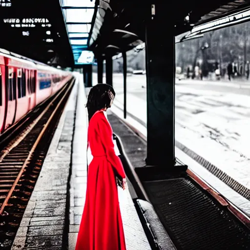 Image similar to girl in red dress standing on the train platform crying