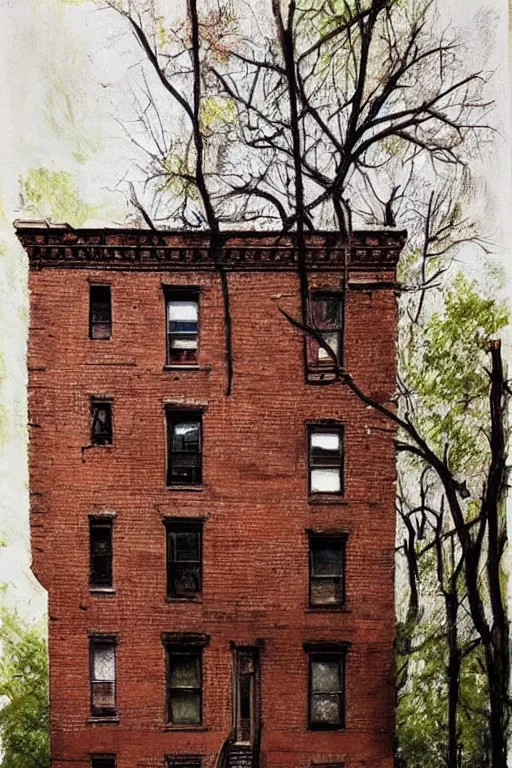 Image similar to (((((a ramshackle manhattan brick brownstone deep in the forest))))) by Andrei Riabovitchev!!!!!!!!!!!!!!!!!!!!!!!!!!!