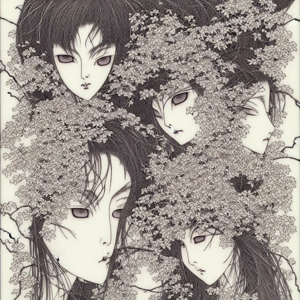 Image similar to prompt: Fragile looking face drawn by Takato Yamamoto, mystic eyes, ceramic looking face, inspired by Evangeleon, clean ink detailed line drawing, intricate detail drawing, manga 1990, portrait composition