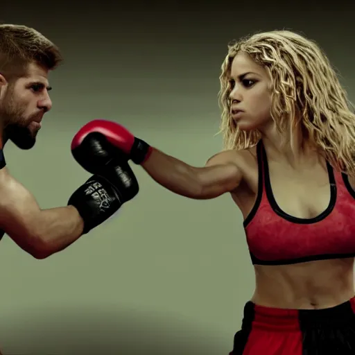 Image similar to Shakira with boxing gloves fighting against Gerard Pique, cinematic epic shot, hihgly detailed, 4k, realistic,