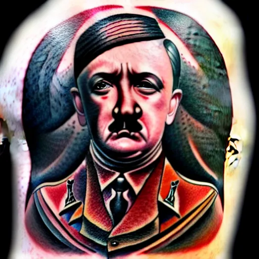 Prompt: tattoo of adolf hitler and coat of arms of ukraine many details, super realistic, high quality, 8 k