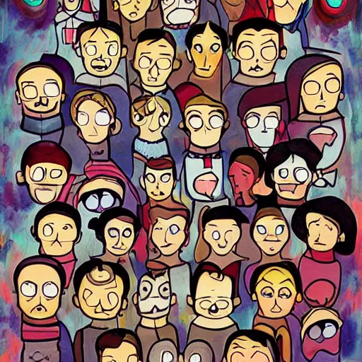 Prompt: beautiful painting, wedding in style of gravity falls cartoon, coherent symmetrical faces