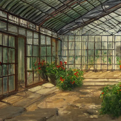 Image similar to Greenhouse in Ancient Greek | painting by Max Liebermann | trending on artstation | 8k | HD