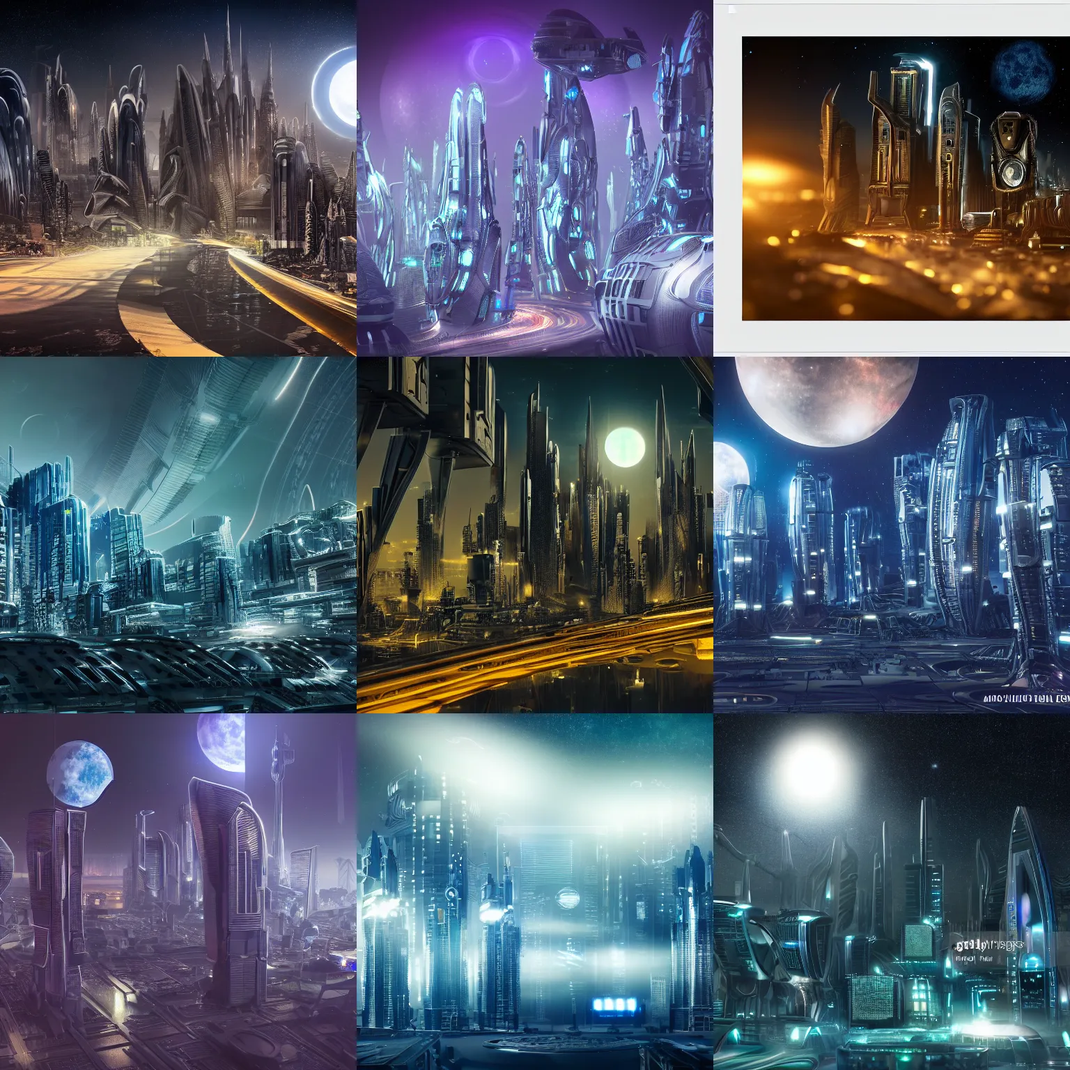 Prompt: futuristic city bathed in moonlight on an alien planet, photorealistic, sharp focus, 2 8 mm lens, studio lightning, 8 k