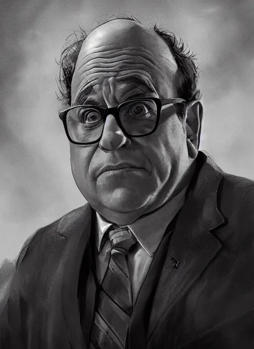 Image similar to Danny Devito portrait, noir detective, dramatic lighting, cinematic, establishing shot, extremly high detail, foto realistic, cinematic lighting, post processed, concept art, artstation, matte painting, style by eddie mendoza, raphael lacoste, alex ross