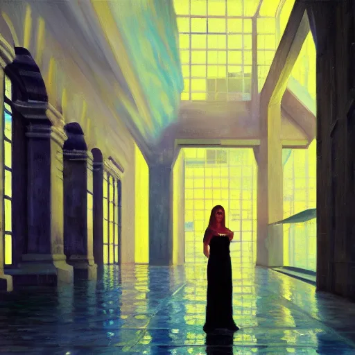 Image similar to scene, moment, beautiful woman, courtyard, capital, cybermosque interior, control panel, watcher, omniscient, tech noir, wet reflections, impressionism, matte painting, speed painting, chiaroscuro, oil on canvas