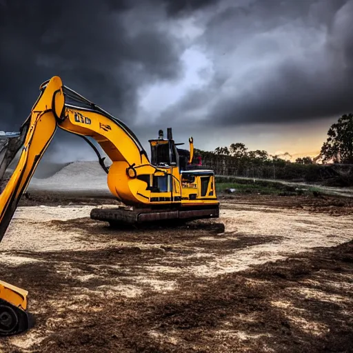 Image similar to 4 k hdr wide angle two heavy duty excavators posed as instagram model women kissing eachother during a stormy evening sony a 7