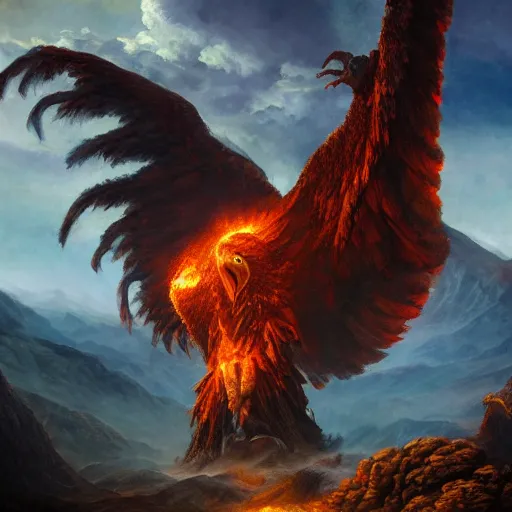 Prompt: giant fire eagle coming out of a vulcano, beautiful light, mountains, nature, fantasy book, d & d, high detail, 8 k, oil painting, dark fantasy