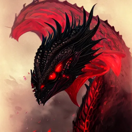 Prompt: Black dragon Kalameeth + Portrait beautiful face + Trending on Artstation + Incredible black and red gothic illustration + Exquisite detail, painterly