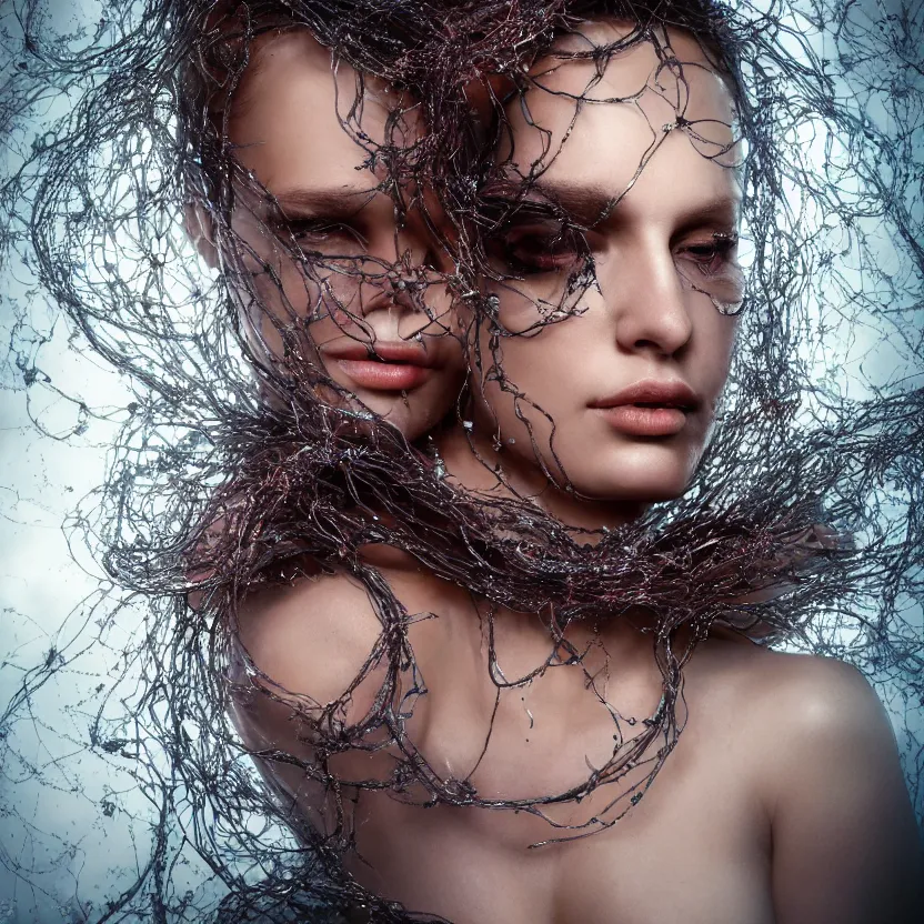 Prompt: portrait of a beautiful woman entangled in fleshy translucent tendrils, chaotic ferrofluids, occult, photography by annie leibovitz, octane render, glow, dramatic lighting, intricate fine ornaments, translucency, lighting 8k, cinematic, blur, shallow depth of field, neuro web, plasma