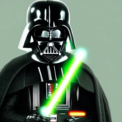 Image similar to Mark Hamil in darth vader suit with no helmet and a green lightsabre