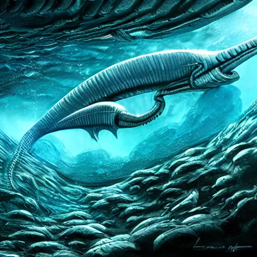 Image similar to alien fish underwater scene cinematic lighting detailed realistic painting photorealistic digital artwork concept art