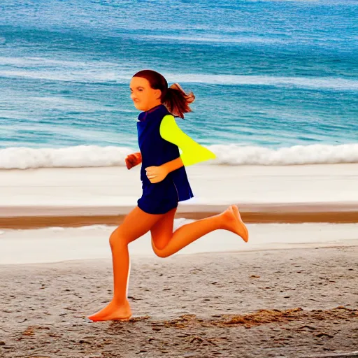 Prompt: girl running along the beach, cool color pallet - n 4