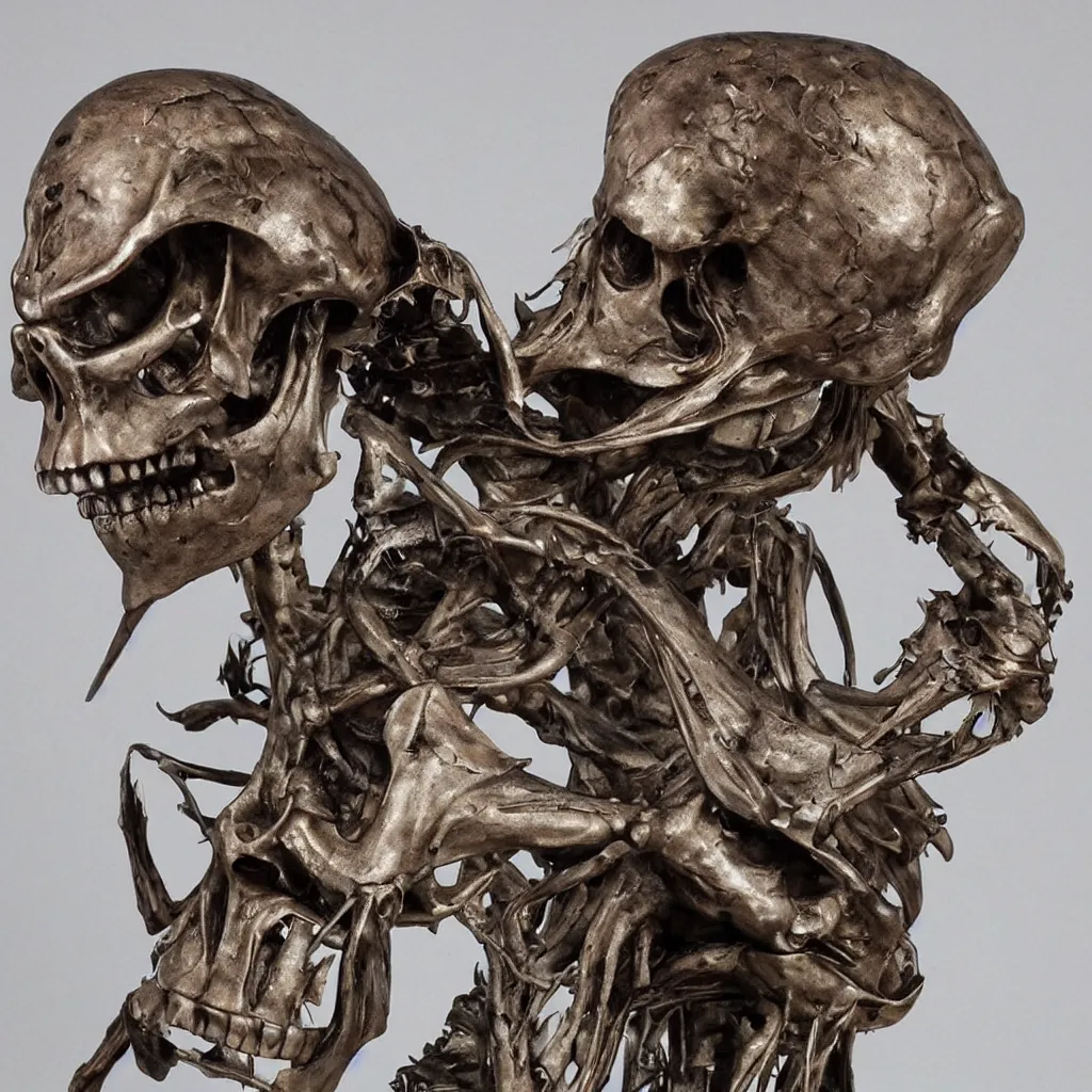 Prompt: a realistic metal sculpture of an alien skelleton, super detailed