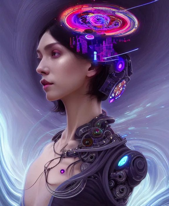 Image similar to a whirlwind of souls rushing inside the metaverse, hologram, half body, neurochip, shaved temple, piercing, jewelry, android, cyborg, cyberpunk face, by loish, d & d, fantasy, intricate, elegant, highly detailed, colorful, digital painting, artstation, concept art, art by artgerm and greg rutkowski and alphonse mucha