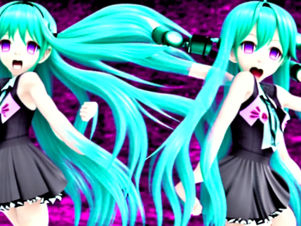 Image similar to hatsune miku dancing with the devil in hell