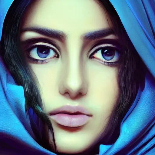 Image similar to Beautiful Arab Ameera Al taweel, blue eyes, leather, portrait, fantasy, medieval, oil colors, elegant, concept art, sharp focus, beautiful face, digital art, Hyper-realistic, 4K, Unreal Engine, Highly Detailed, HD, Dramatic Lighting by Brom, by beeple, studio ghibli, wallpaper, highly detailed, trending on artstation