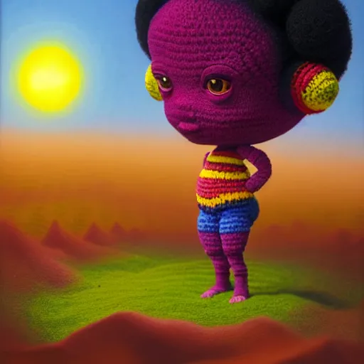 Image similar to symmetry!, wide angle dynamic portrait of a chibbi black girl with a colorful afro in an african zen garden at sunset, macrophotography, felt texture, amigurumi by mark ryden and todd schorr and mark davis and zdislaw beksinski in a surreal lowbrow style, digital paint, matte paint, vivid pastel watercolors, breathtaking landscape