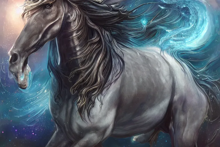 Image similar to a wlop 3 d render of very very very very highly detailed beautiful mystic portrait of a phantom undead horse with whirling galaxy around, tattoos by anton pieck, intricate, extremely detailed, digital painting, artstation, concept art, smooth, sharp focus, illustration, intimidating lighting, incredible art,