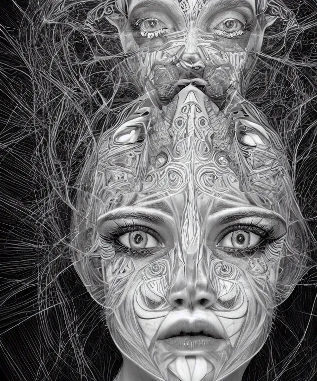 Image similar to An epic photo illustration of female symmetrical portrait by Michael Sydney Moore, Alex Grey, hyper detailed, 50mm, award winning photography