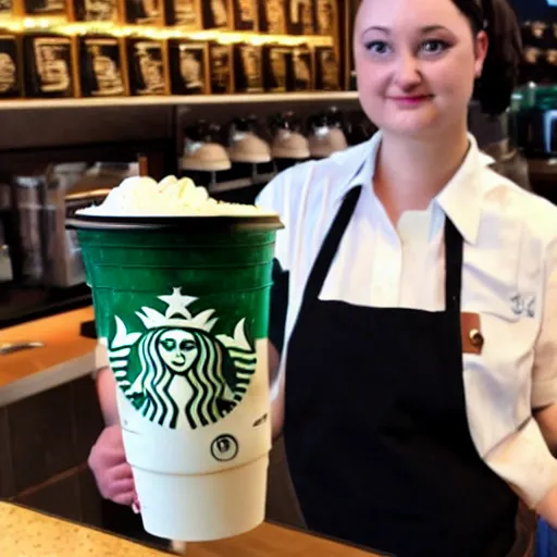 Prompt: Lauren Ash as a Starbucks barista